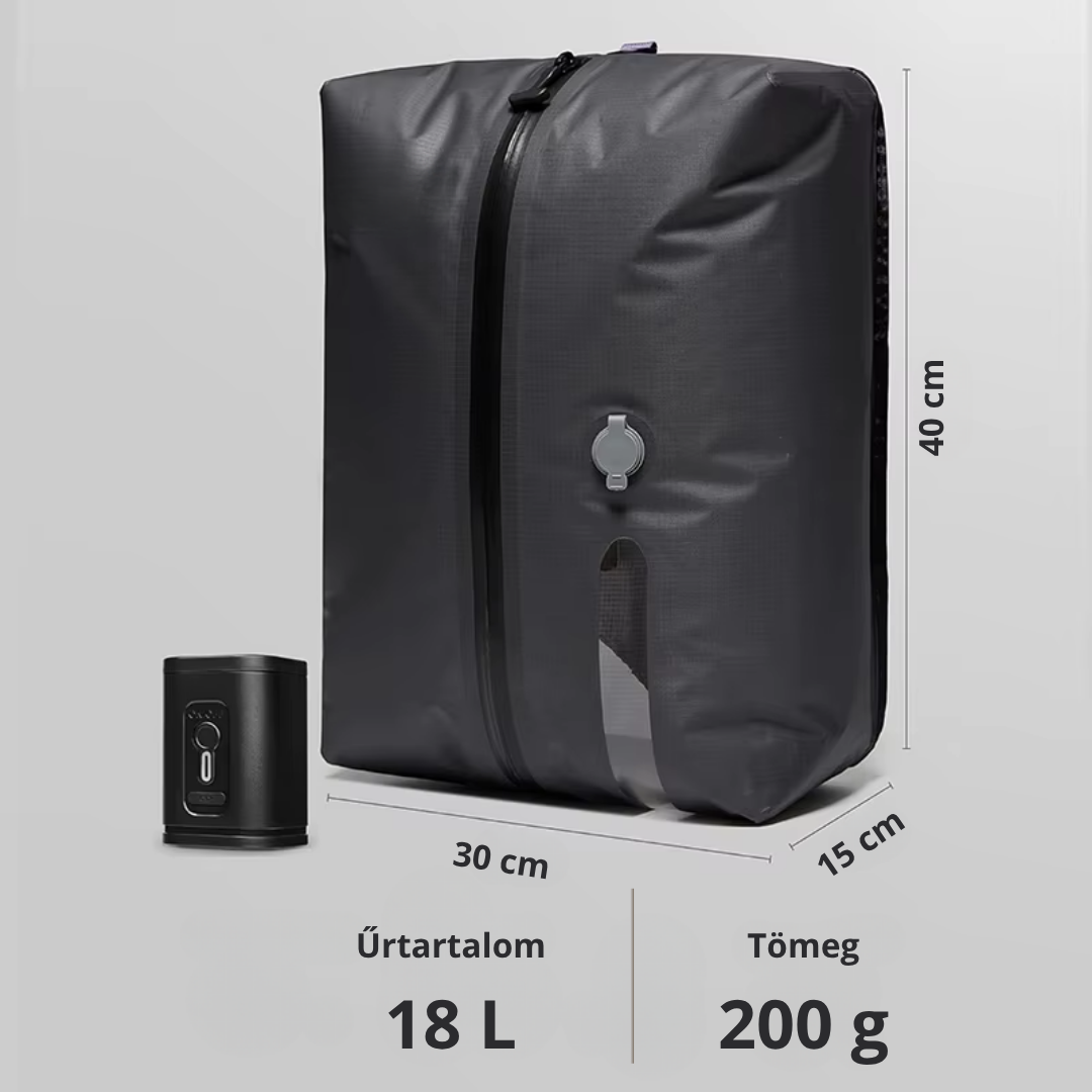 18 literes vákuumzsák mérete: 30 × 40 × 15 cm, tömege 200 g