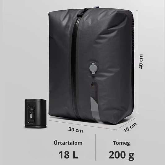 18 literes vákuumzsák mérete: 30 × 40 × 15 cm, tömege 200 g