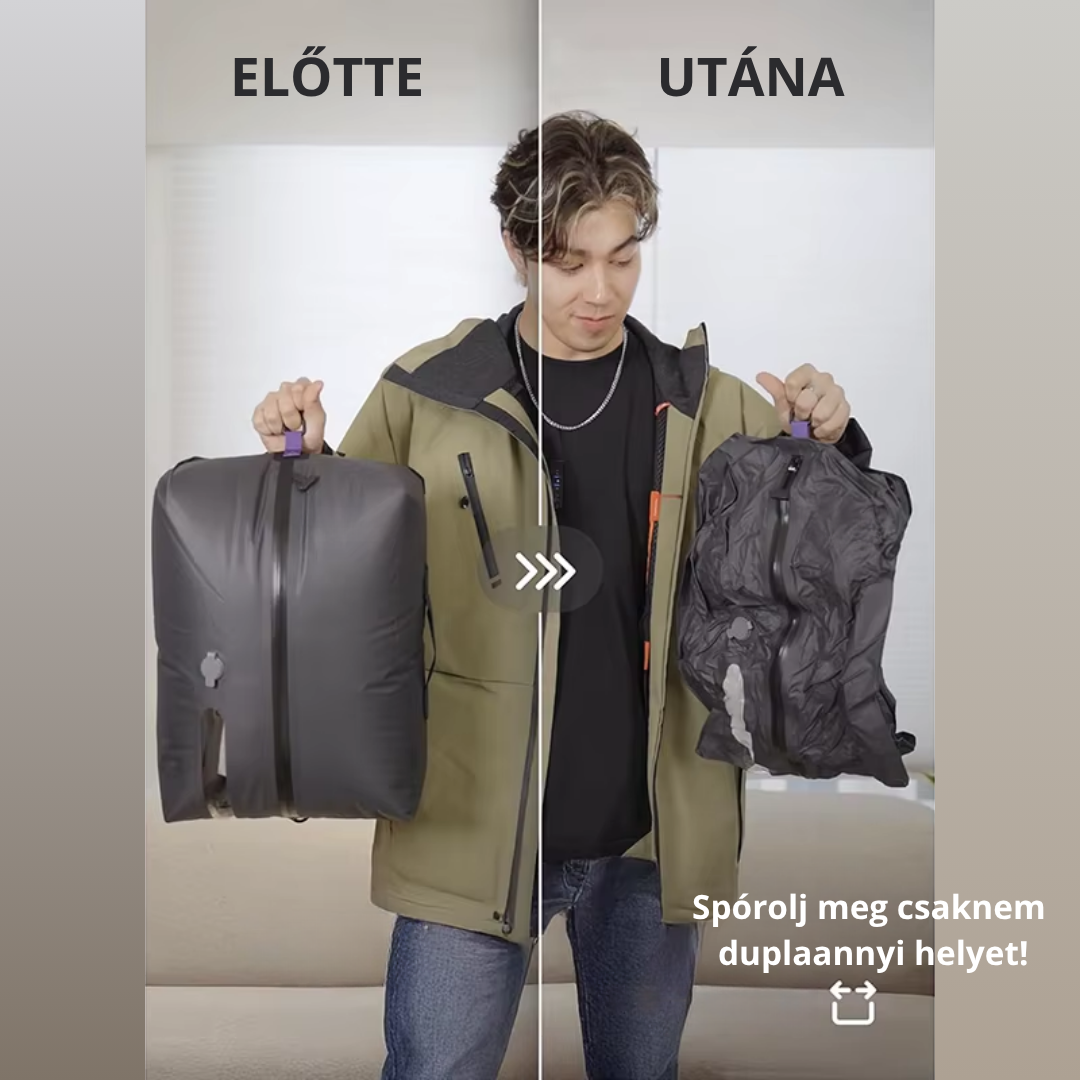 Ruhák vákuumozás előtt és után, feleakkora helyen.